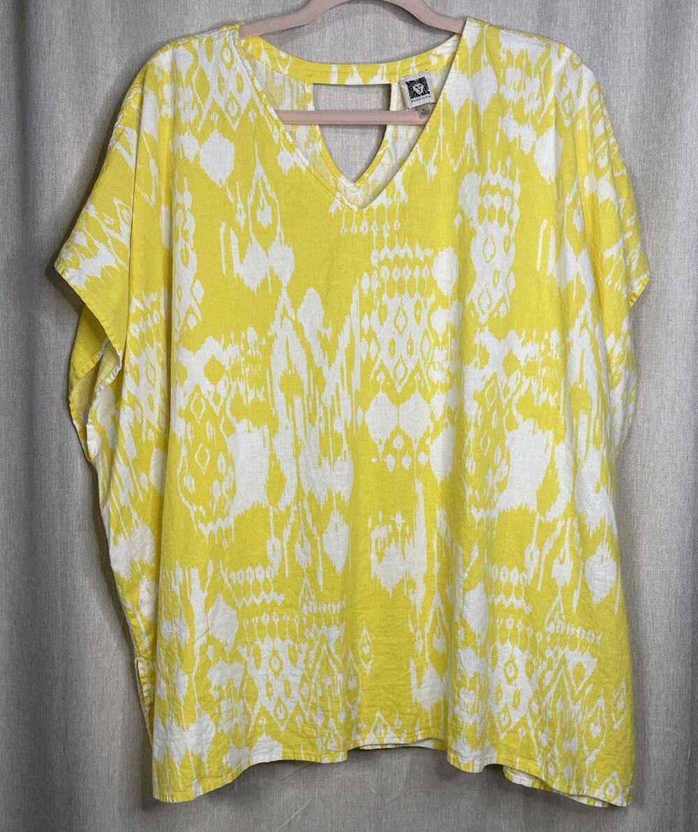 Anne Klein Women’s Top / V-Neck Kaftan Linen Blend - Yellow & White - Size XL